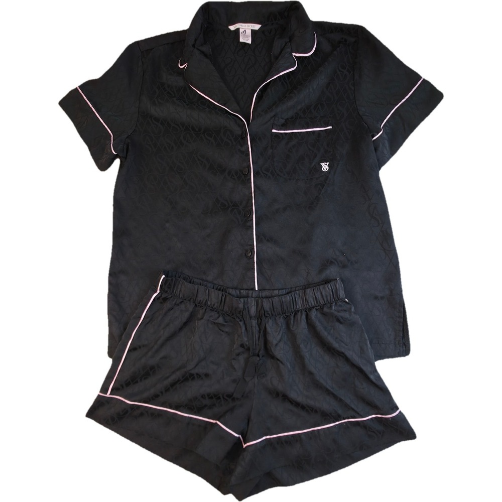 Victoria's Secret Pajama Set Women XS Black Monogram Logo Pink Trim Satin